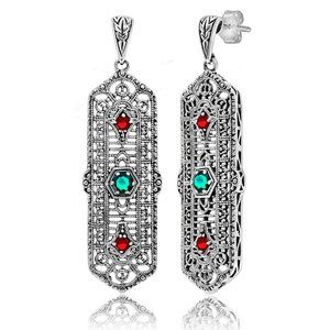 Natural 1CT TW Apatite & Fire Garnet 925 Silver Art Nouveau Filigree Earrings